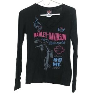 H-D Harley Davidson Black Long Sleeve Tee T-shirt Pink Blue Graphic Vneck sz XS